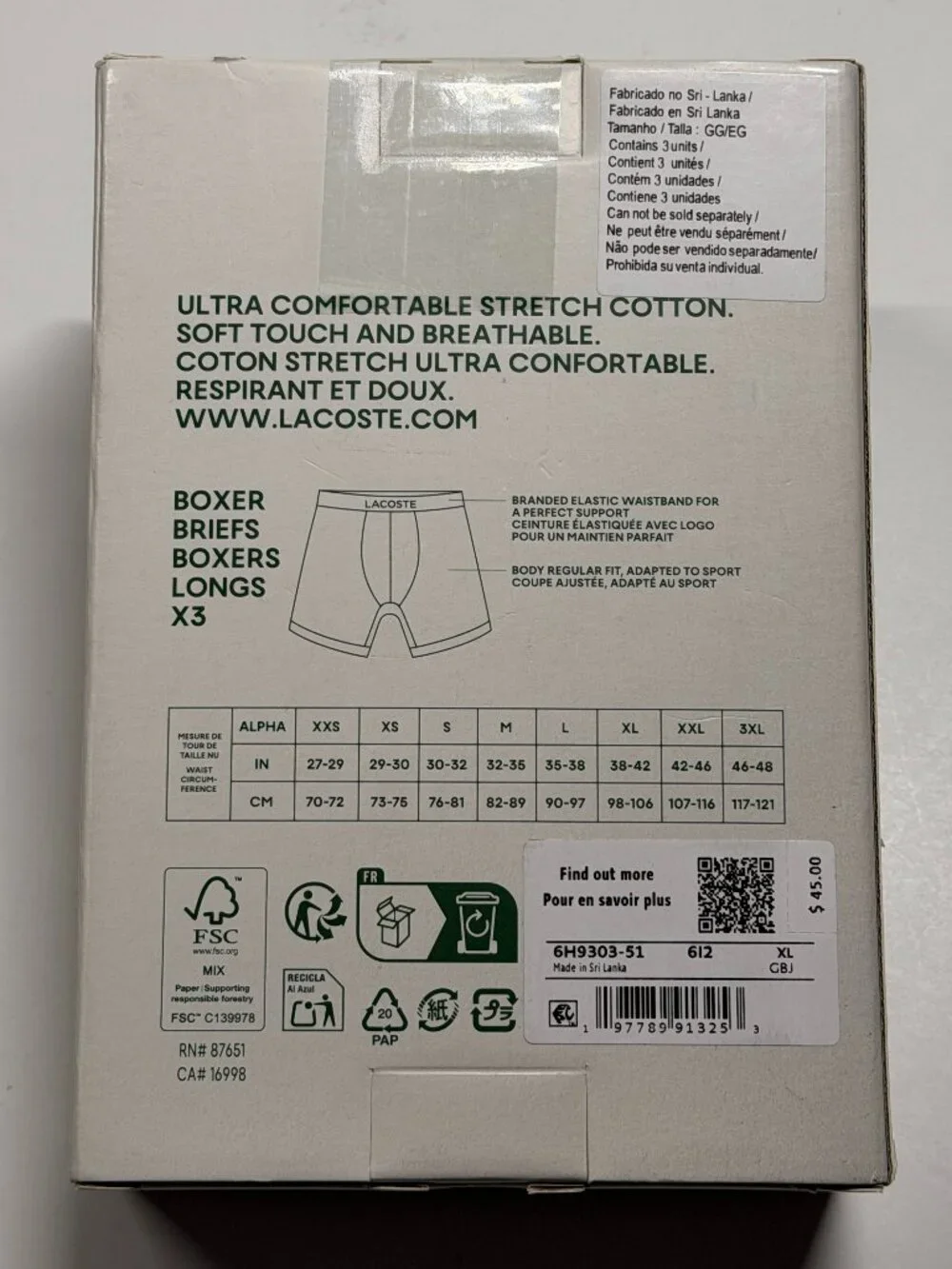 NWT Lacoste Boxer Brief - XL - Set of 3 - Black